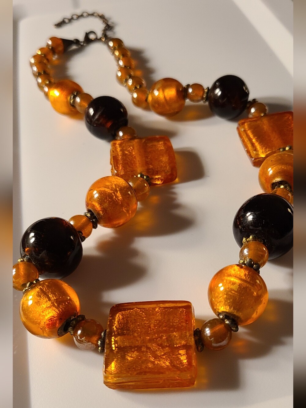 Vintage Venetian Italy Foil Art Glass Murano Amber Orange Fall Autumn Necklace